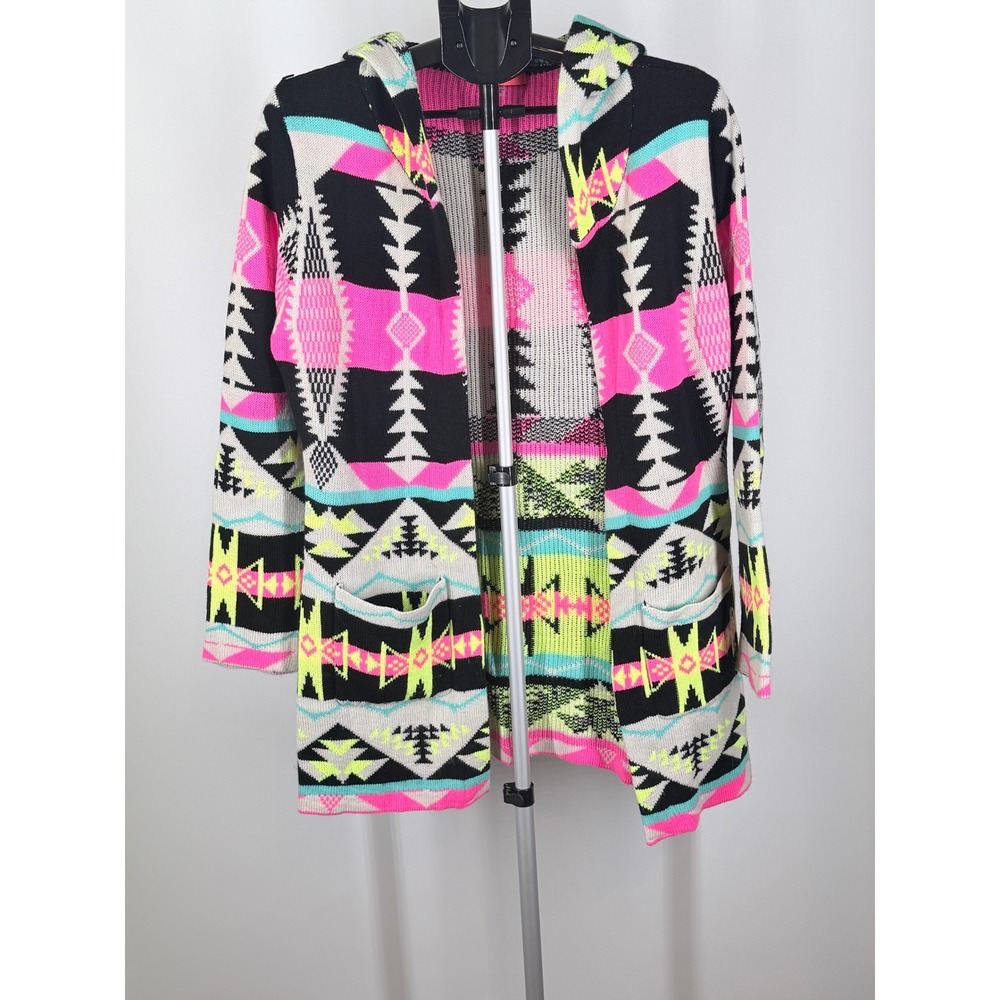 Lulumari Neon Southwestern Hooded Cardigan Open Front Geometric Knit Sweater M/L